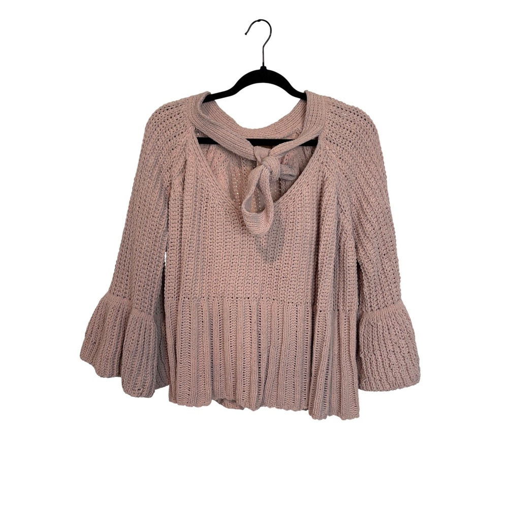 Pol Chenille Knit Sweater Mauve Bell Sleeve Tie Back Boho Large